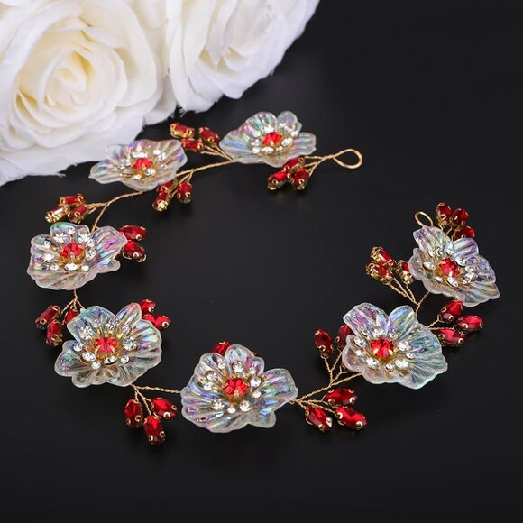 Iridescent AB Color Flower Hair Vine Bridal Red Crystal Headband with Flower Rhi - Picture 2 of 5